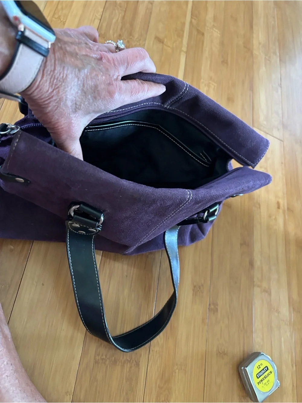 St. John's Bay Plum Suede Satchel with Black Handles